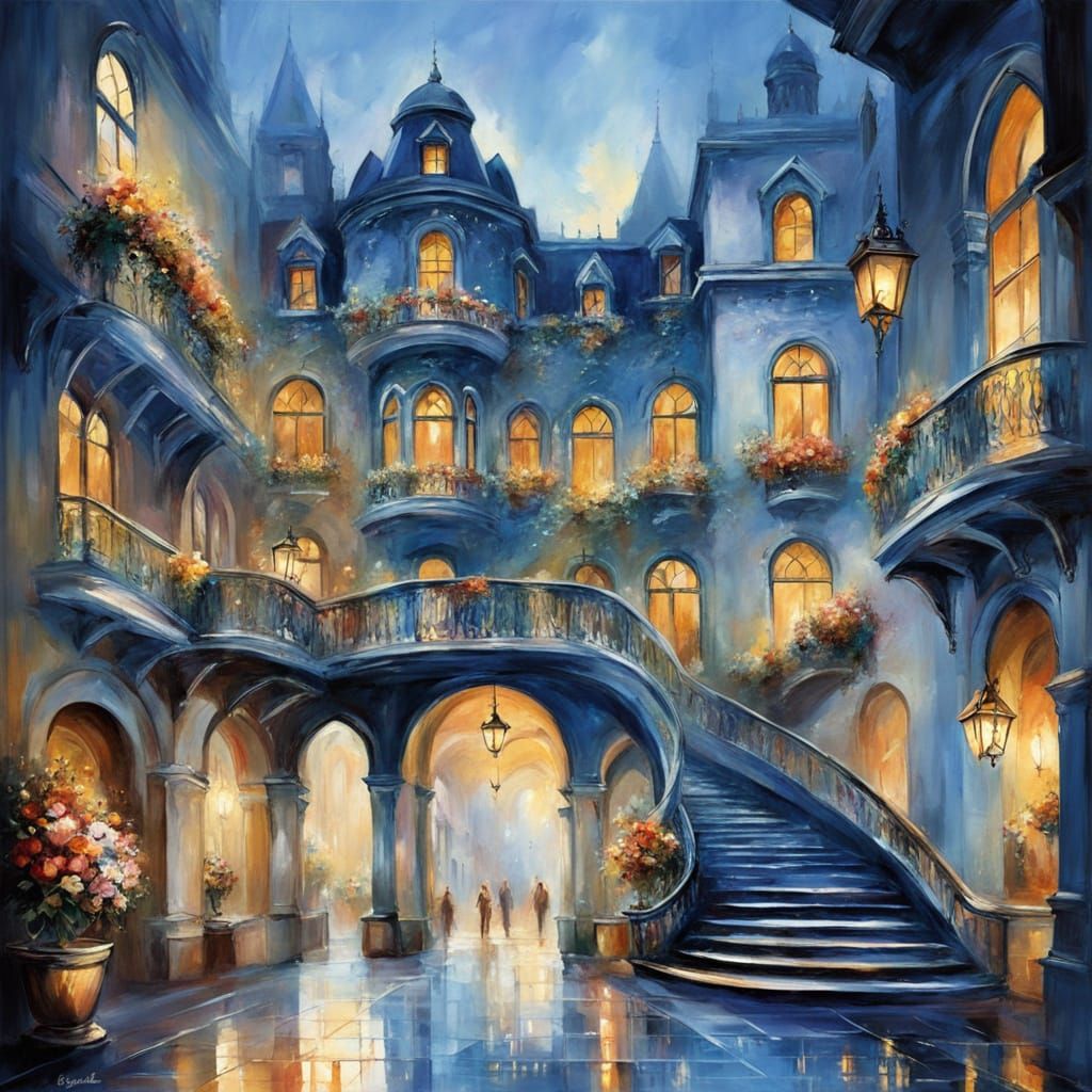 Victorian Hotel Courtyard in Misty Twilight