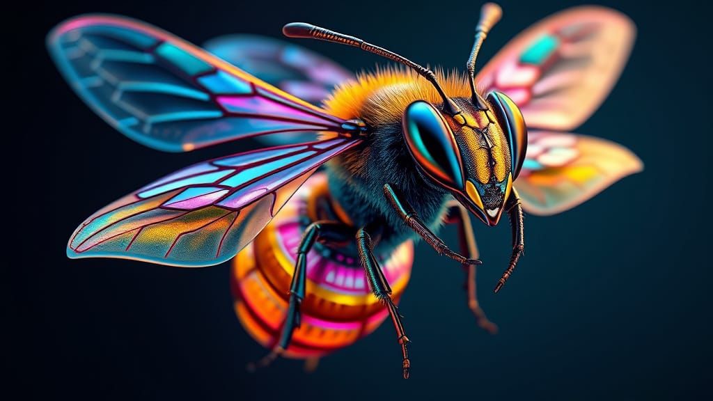 Iridescent Bee-Butterfly Hybrid in 3D Caricature Style