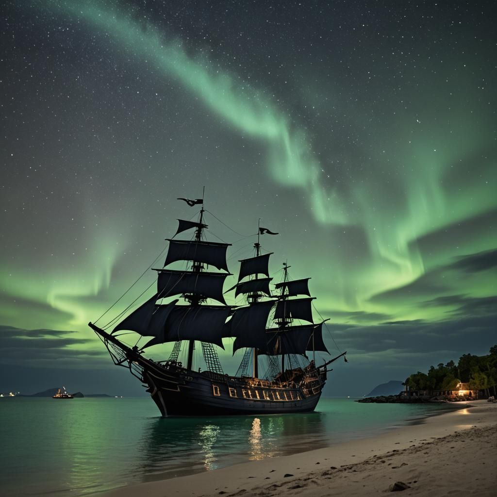 Pirate Ship Under Northern Lights Display