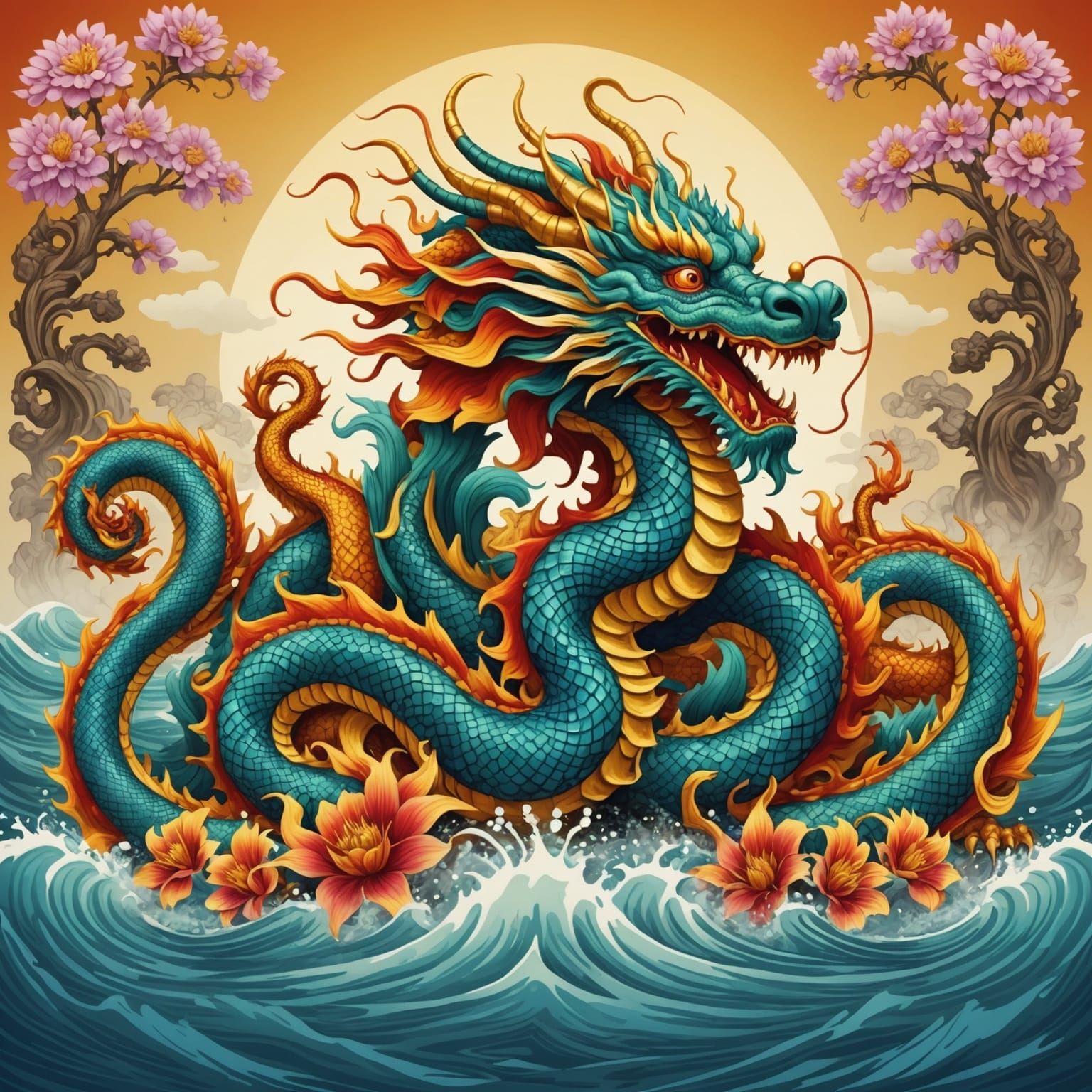 Majestic Ten-Headed Dragon with Golden Water