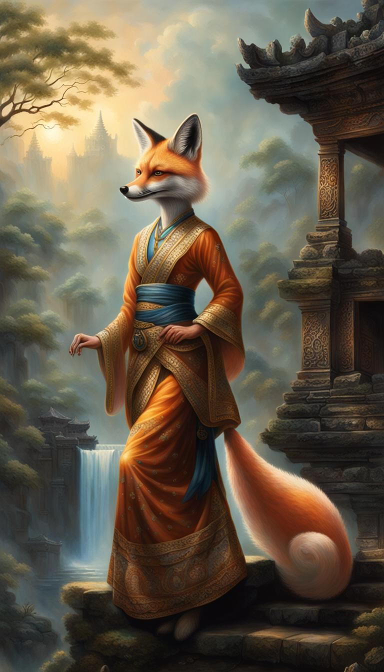 Ethereal Fox-Spirit Dancer in Ancient Temple Ruins