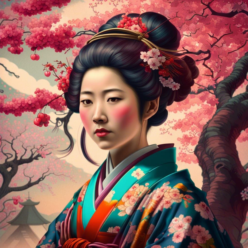 Japanese Woman in Cherry Blossoms: 19th Century Print