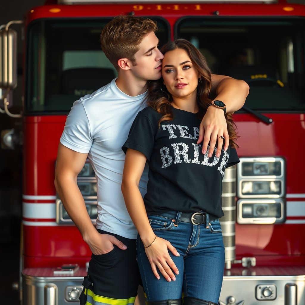 Evan Buckley and Fiancée Stand Beside Fire Engine in Cinemat...