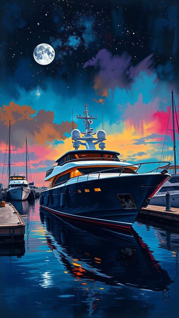 Night Yacht in Port: Gouache Painting with Stars