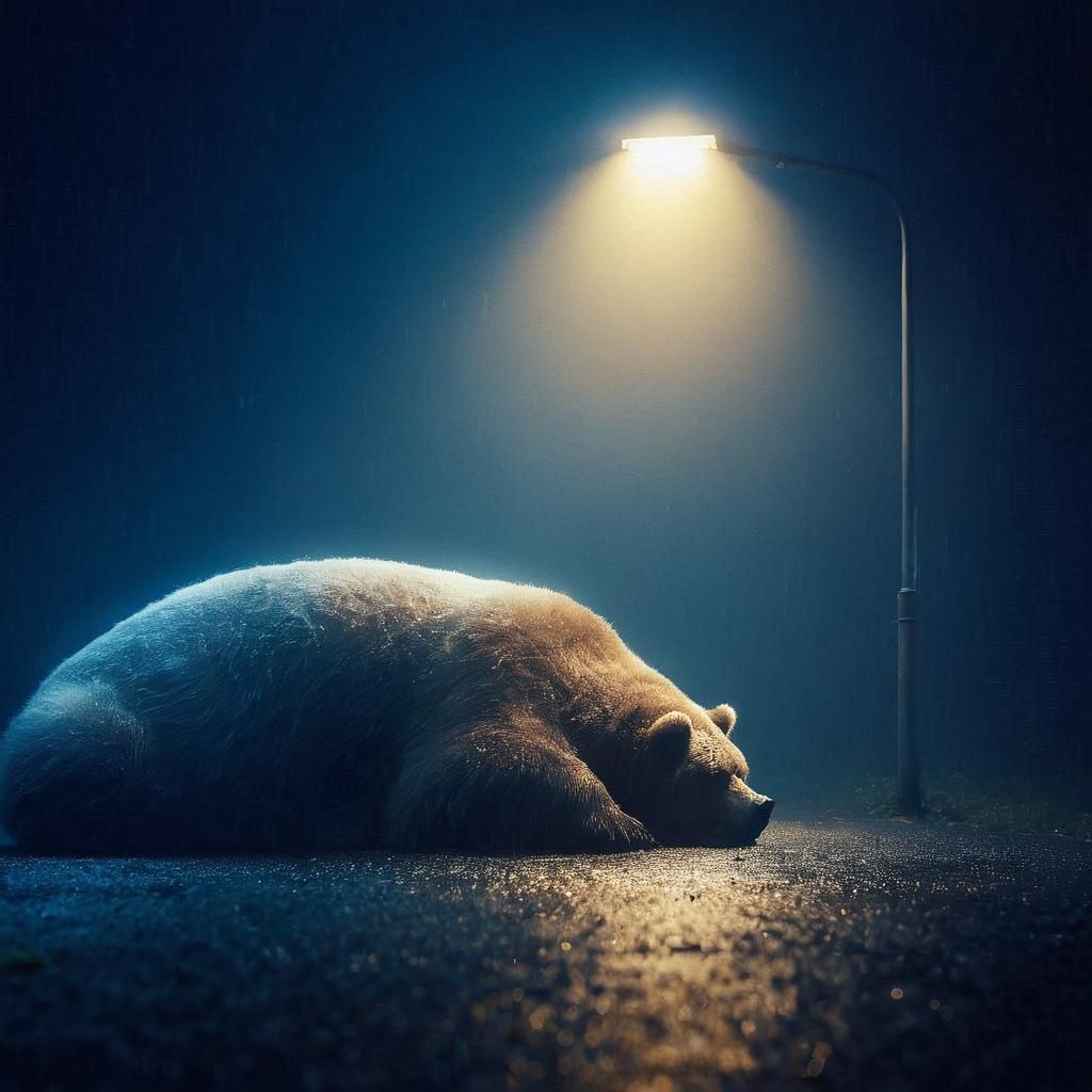 Obese Kodiak Bear Relaxing Under Street Light