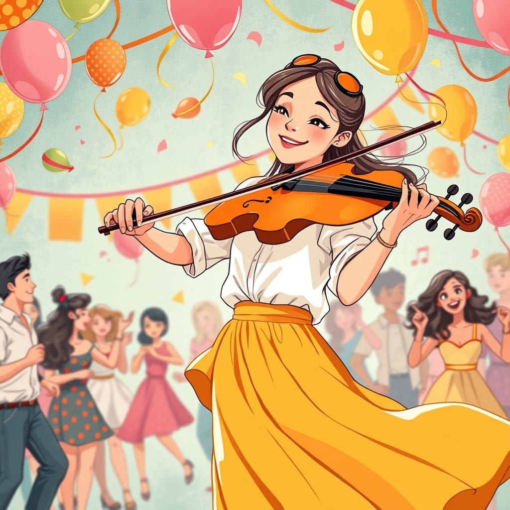 Whimsical Teenage Girl Plays Violin at Joyful Party