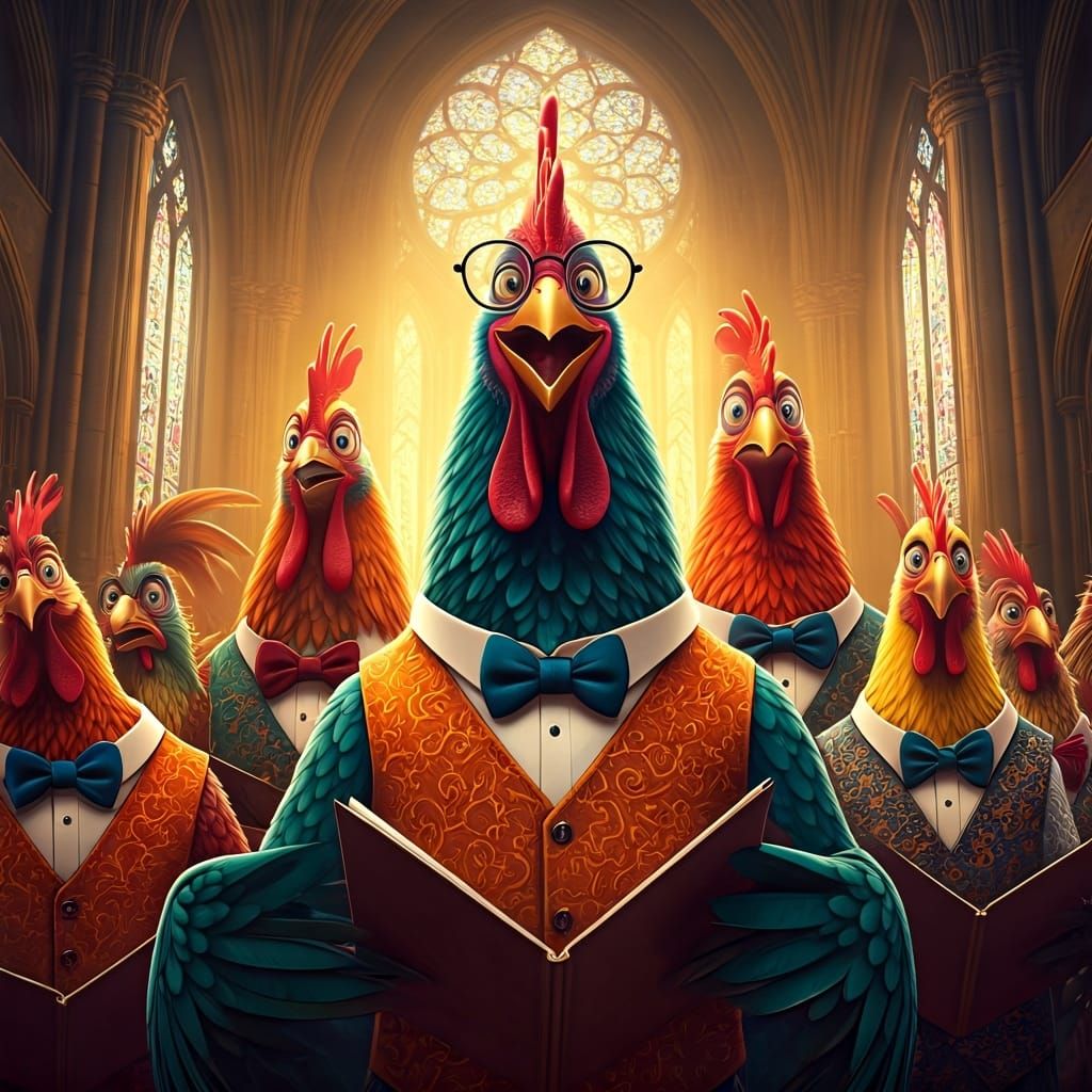 Anthropomorphic Roosters Choir in Grand Cathedral, Pixar Sty...
