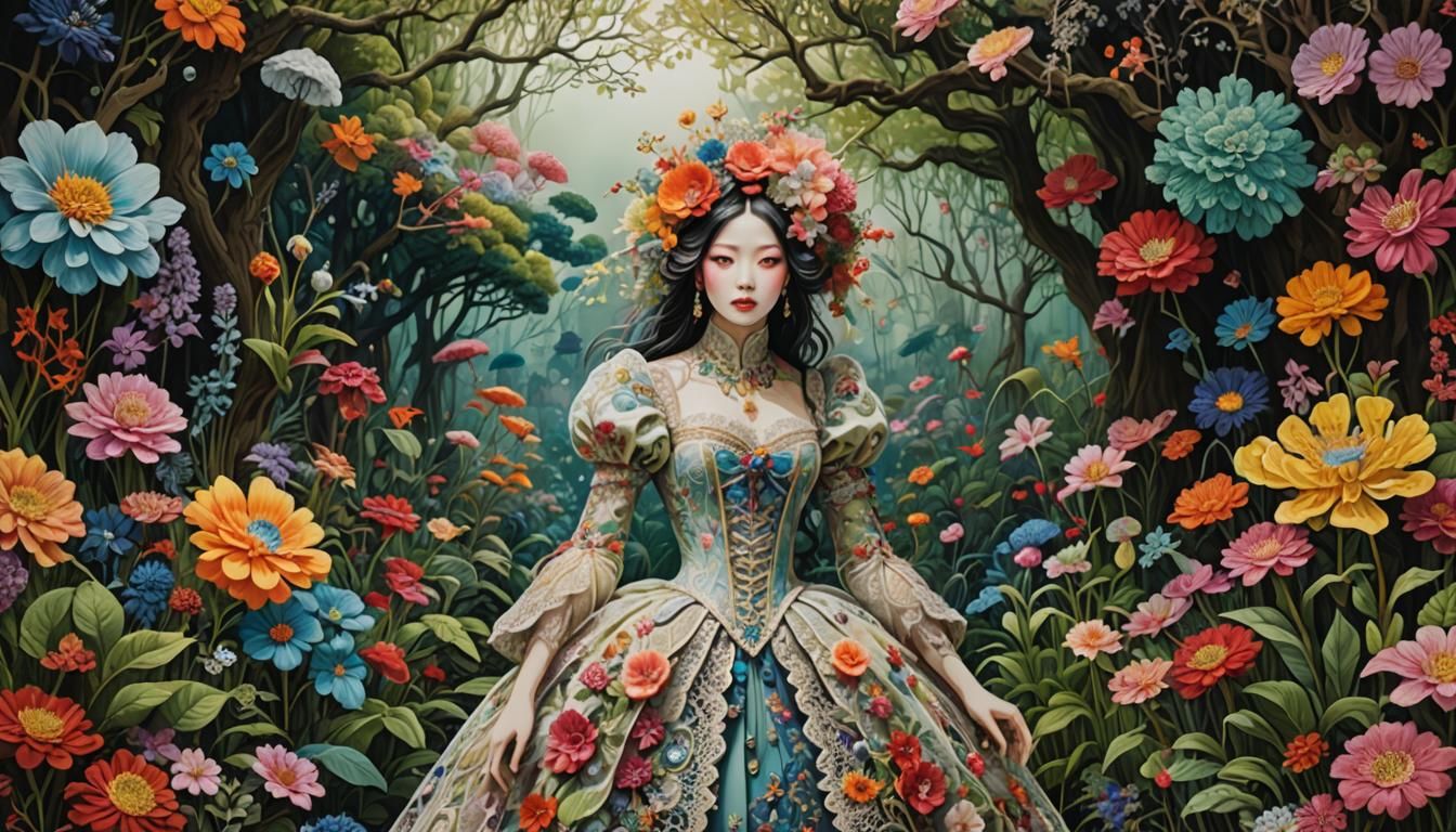 Woman in Magical Garden: Hyper-Detailed Art