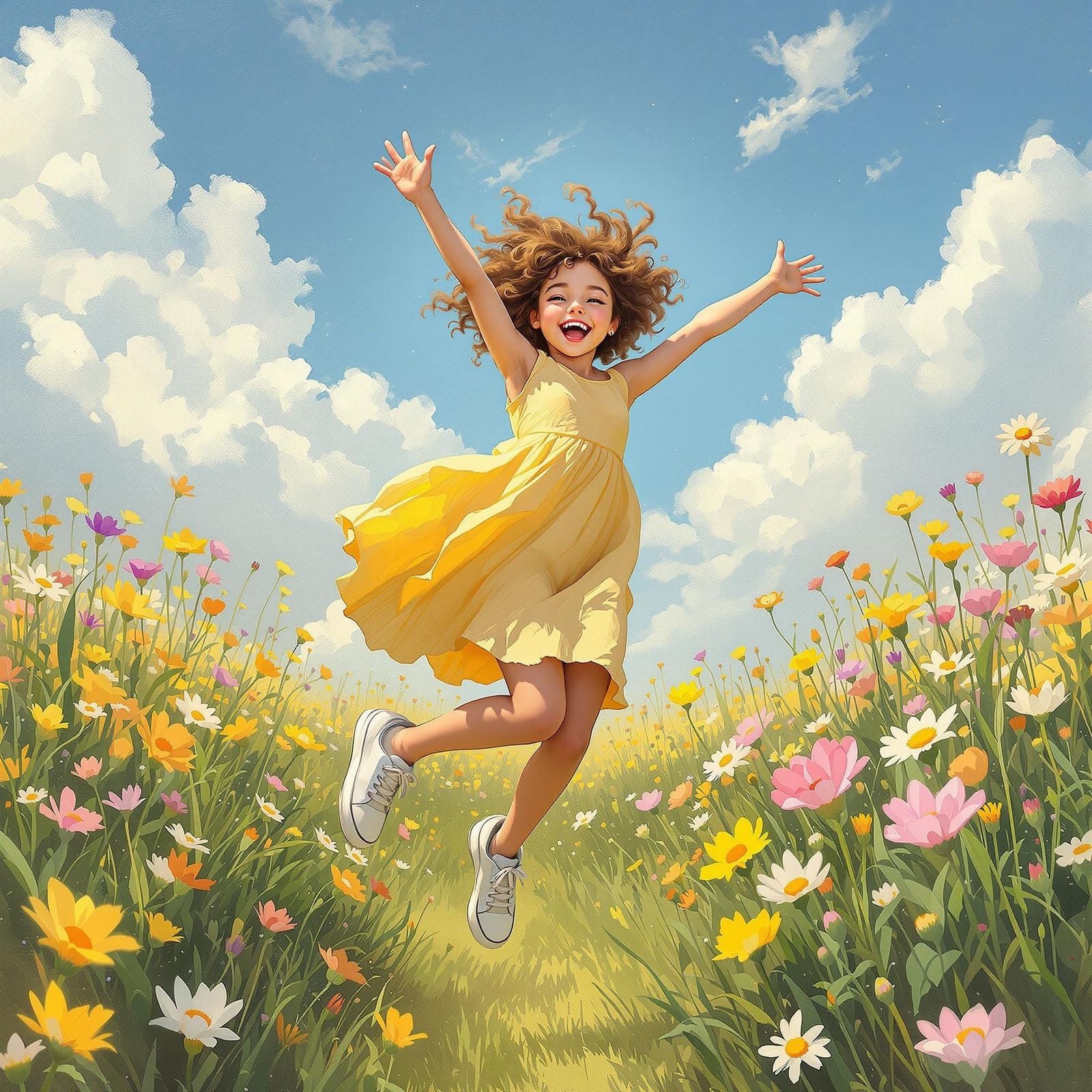Joyful Girl Leaping in a Vibrant Wildflower Meadow