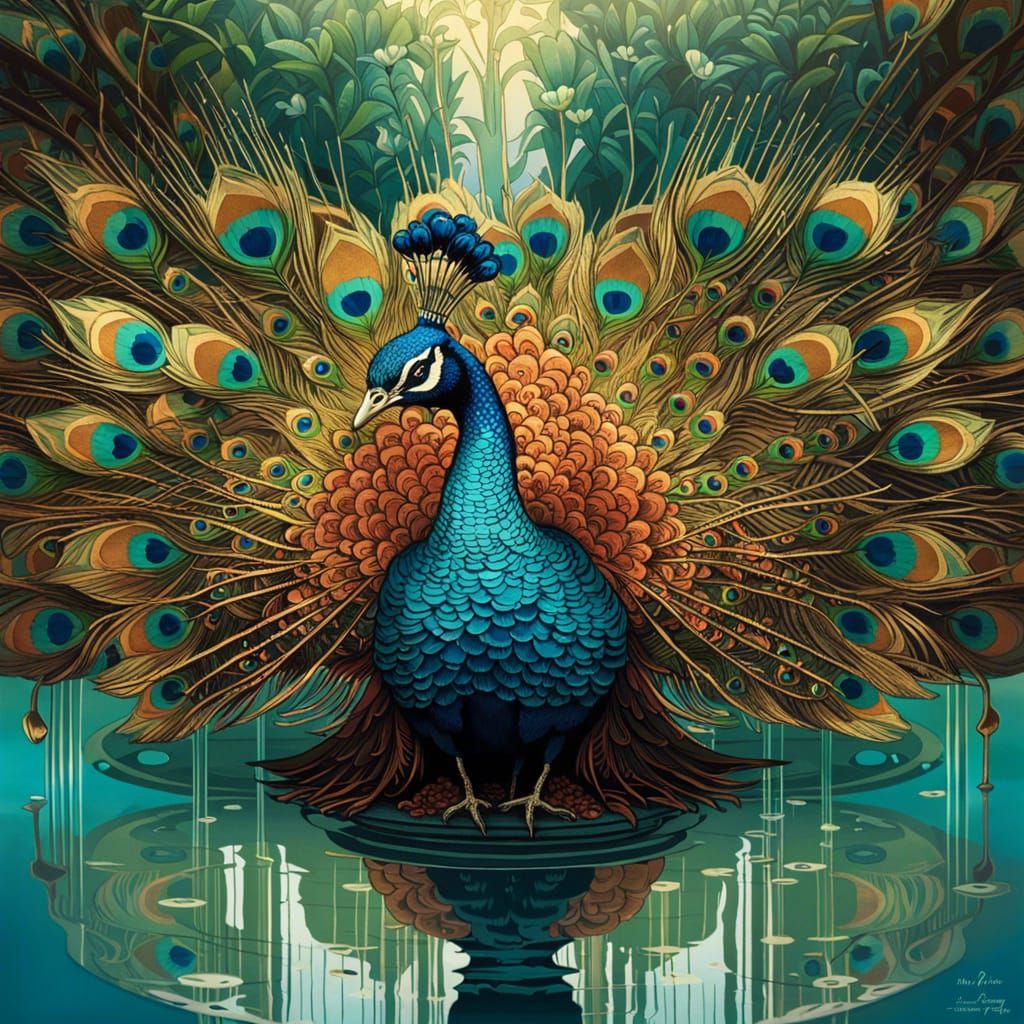 Peacock Gazing at Mirrored Reflection: Digital Art