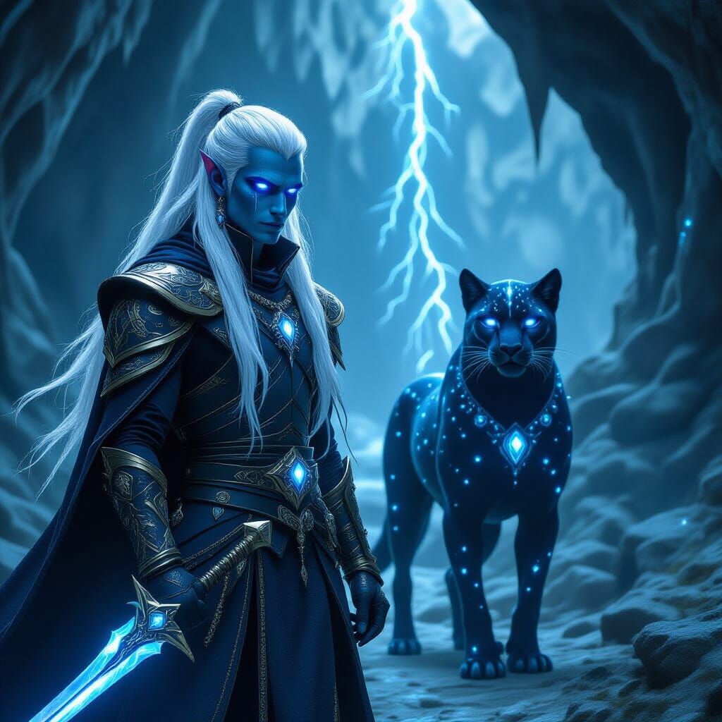 Drow Elf Warrior with Astral Panther in Ancient Cavern