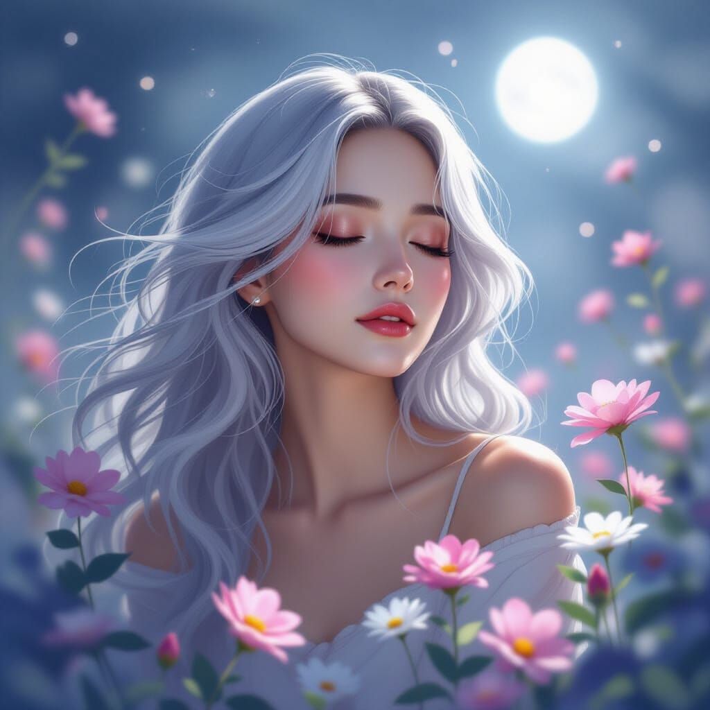 Woman with Flowers in Dreamy Watercolor Style