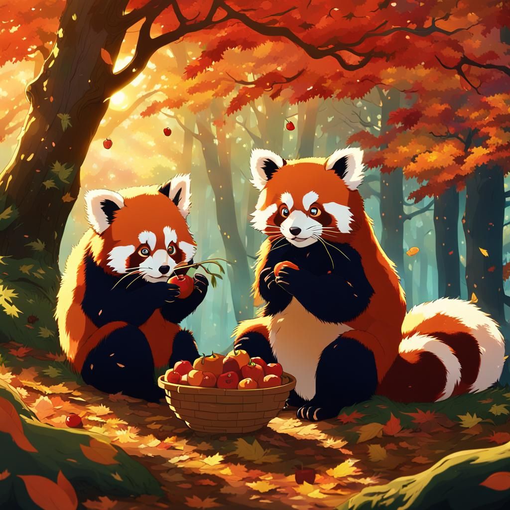 Red Pandas Feast: Studio Ghibli Autumn Scene