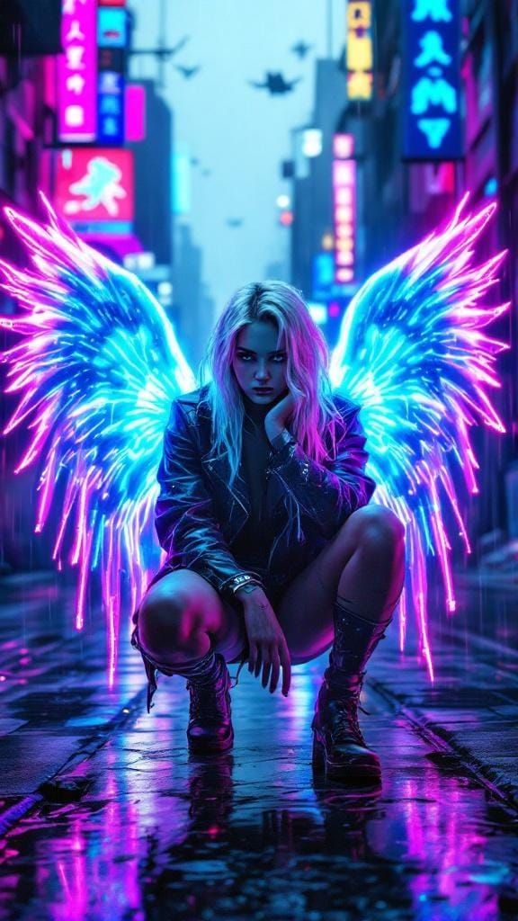 Cyberpunk Angel with Glitched Wings in Neon Alley