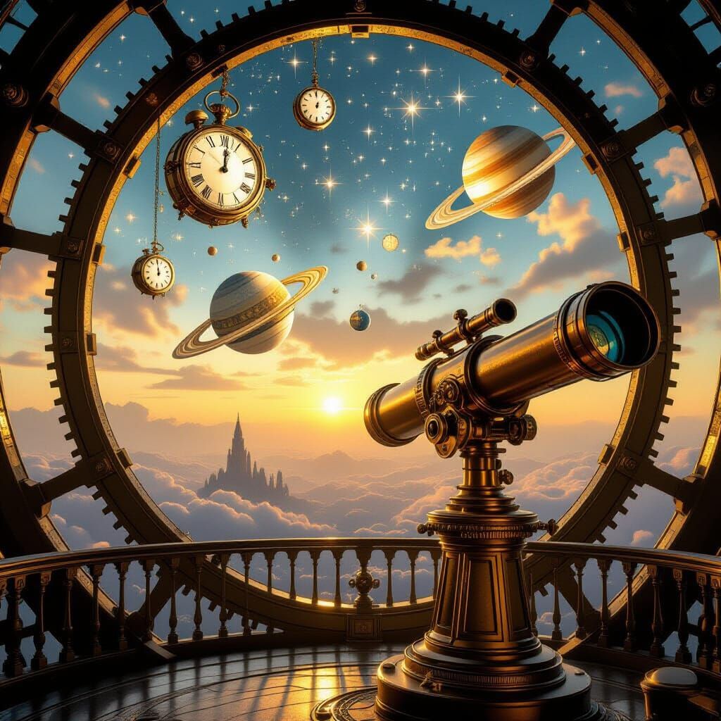 Steampunk Observatory Views Surreal Clockwork Sky