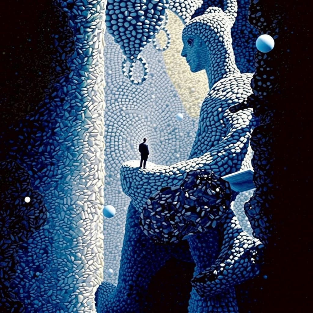 Man Stands Before Enormous Goddess Statue in Dreamlike Realm