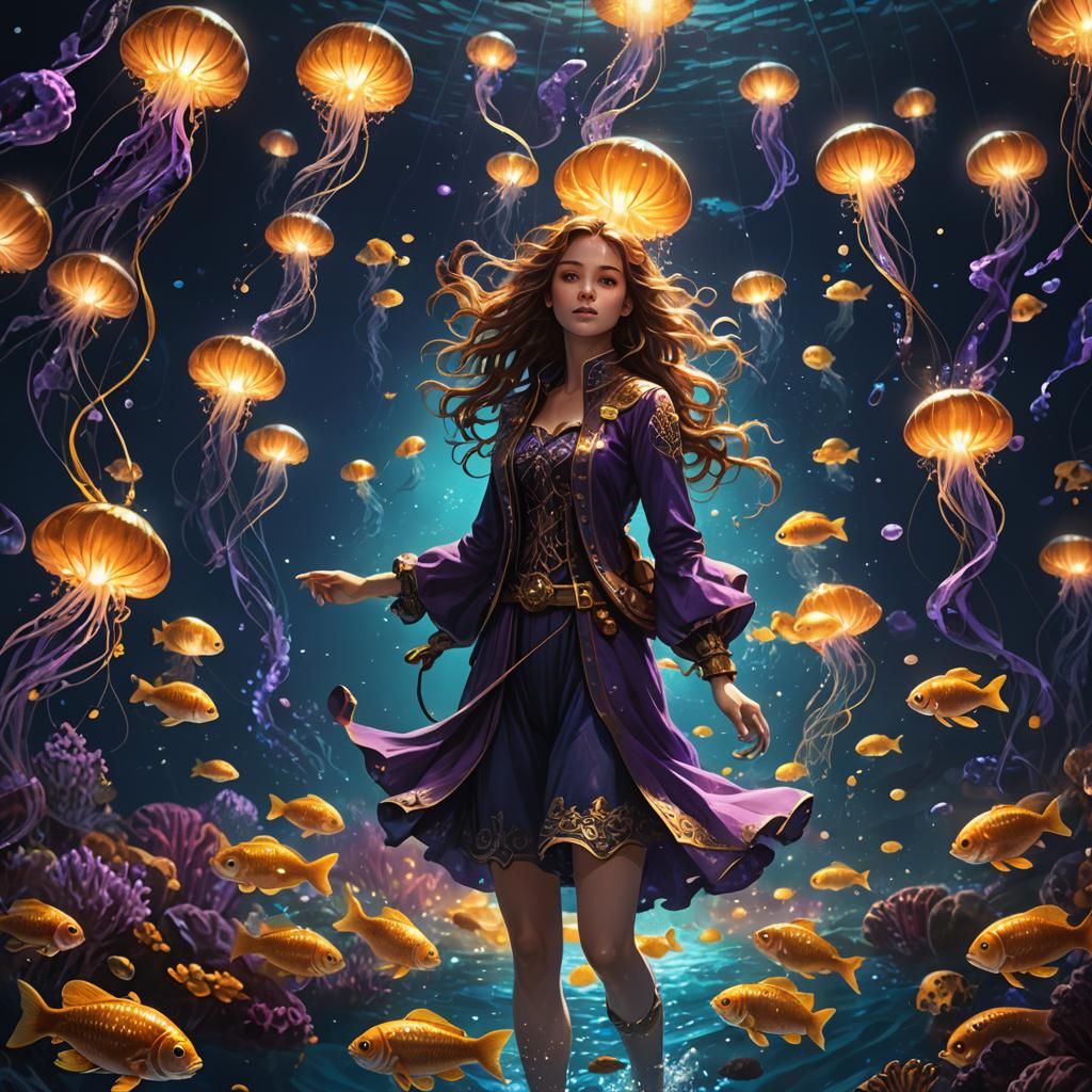 Woman Surrounded by Glowing Fish in Ocean Depths