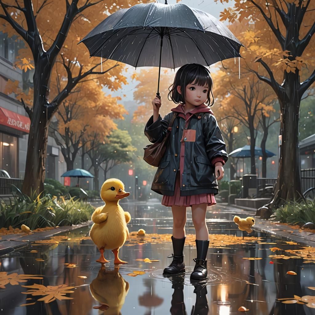 Girl Shelters Duckling in Rainy Autumn Scene