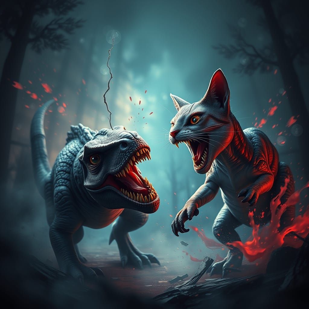 Dinosaur Engages Epic Feline Foe in Fantastical Battle