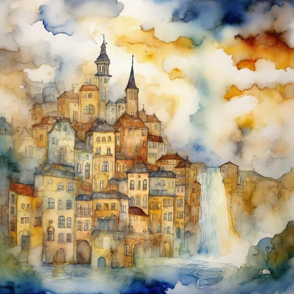 Fantastical Cloud City: Mixed Media Watercolor