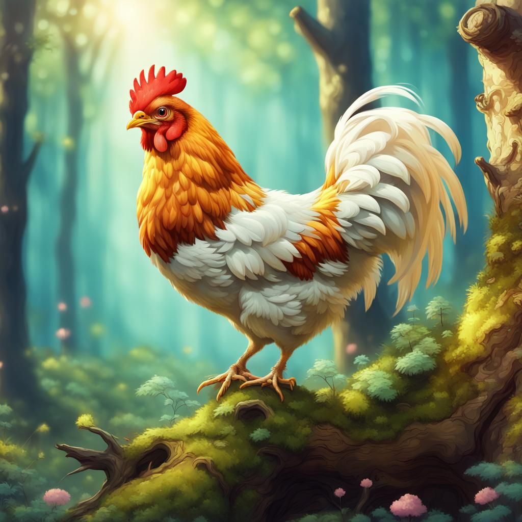 Cute Chicken in Fantasy Forest Painting