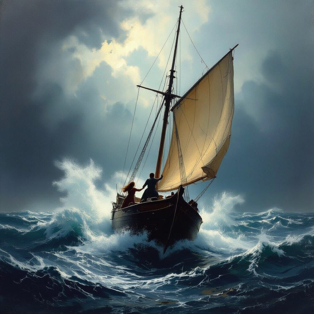 Ship in Stormy Seas: Woman Clings to Mast