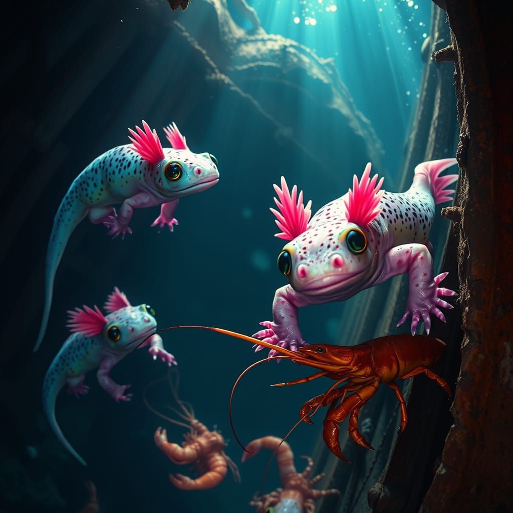 Axolotls Diving into Sunken Titanic Depths