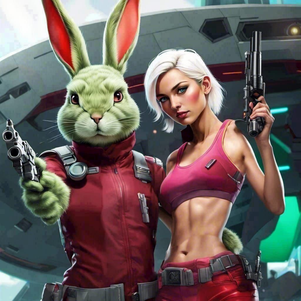 Futuristic Star Wars Scene with Rabbit and Woman