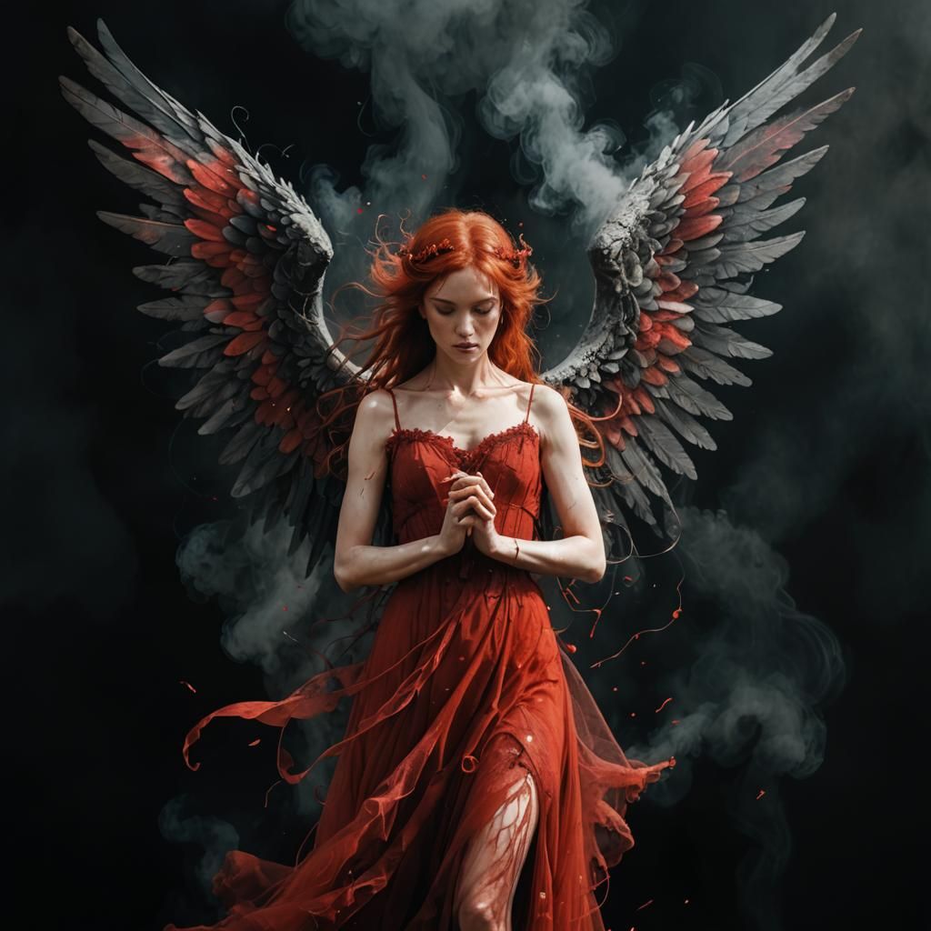 Fallen Angel with Black Wings in Dark Fantasy Style