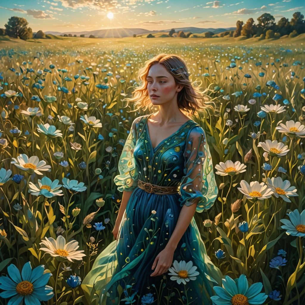 Woman in Glowing Flower Field: Surreal Dreamscape