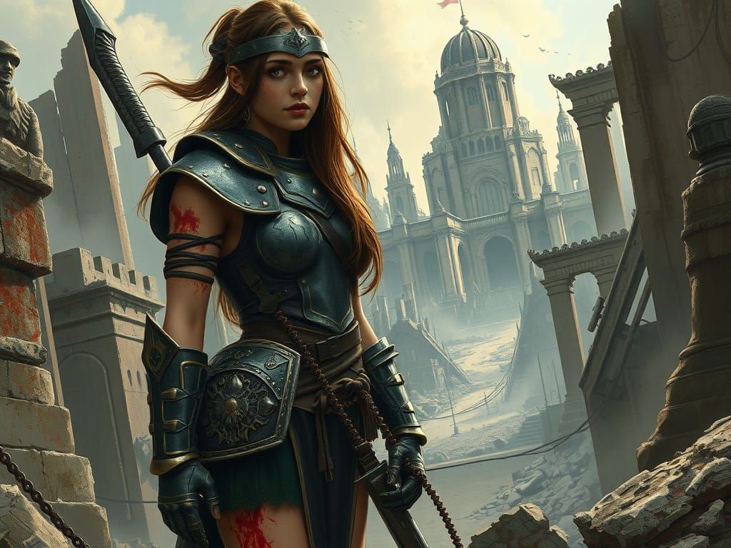 Dystopian Warrior Amidst City Ruins