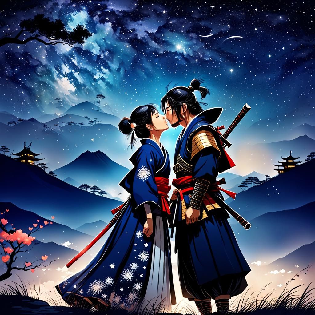 Samurai Couple Kissing Under Starry Valentine Night