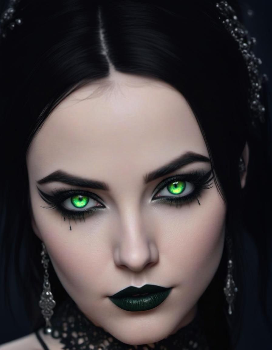Beautiful gothic young lady with black hair and green eyes with black eyeshadow and black eyeliner and black lipstick an...
