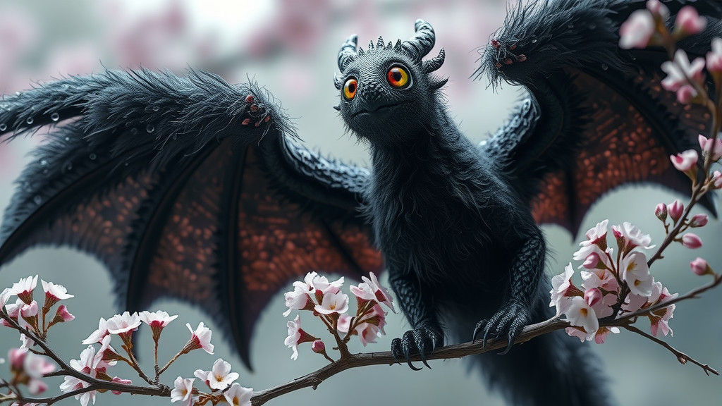 Fluffy Black Wooly Dragon on Cherry Blossoms