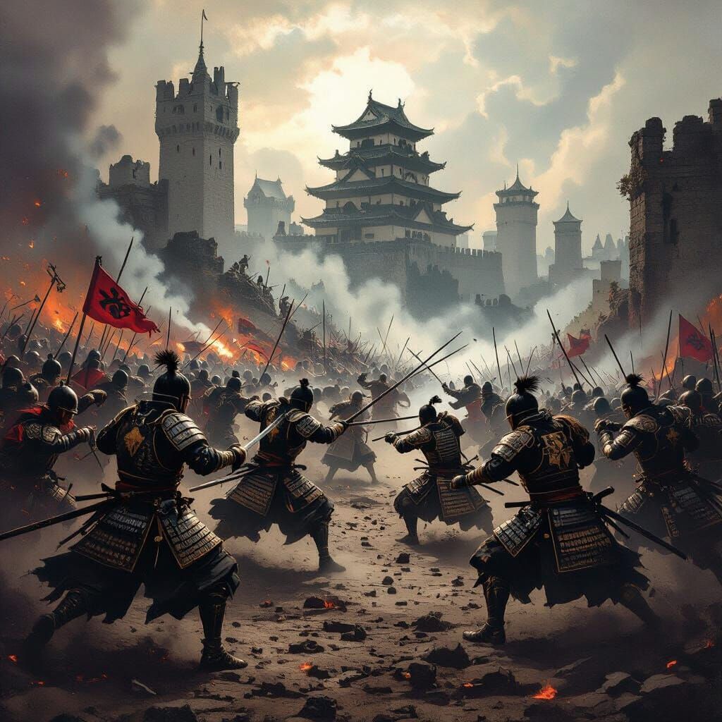 Samurai Battle in Renaissance Gothic Style