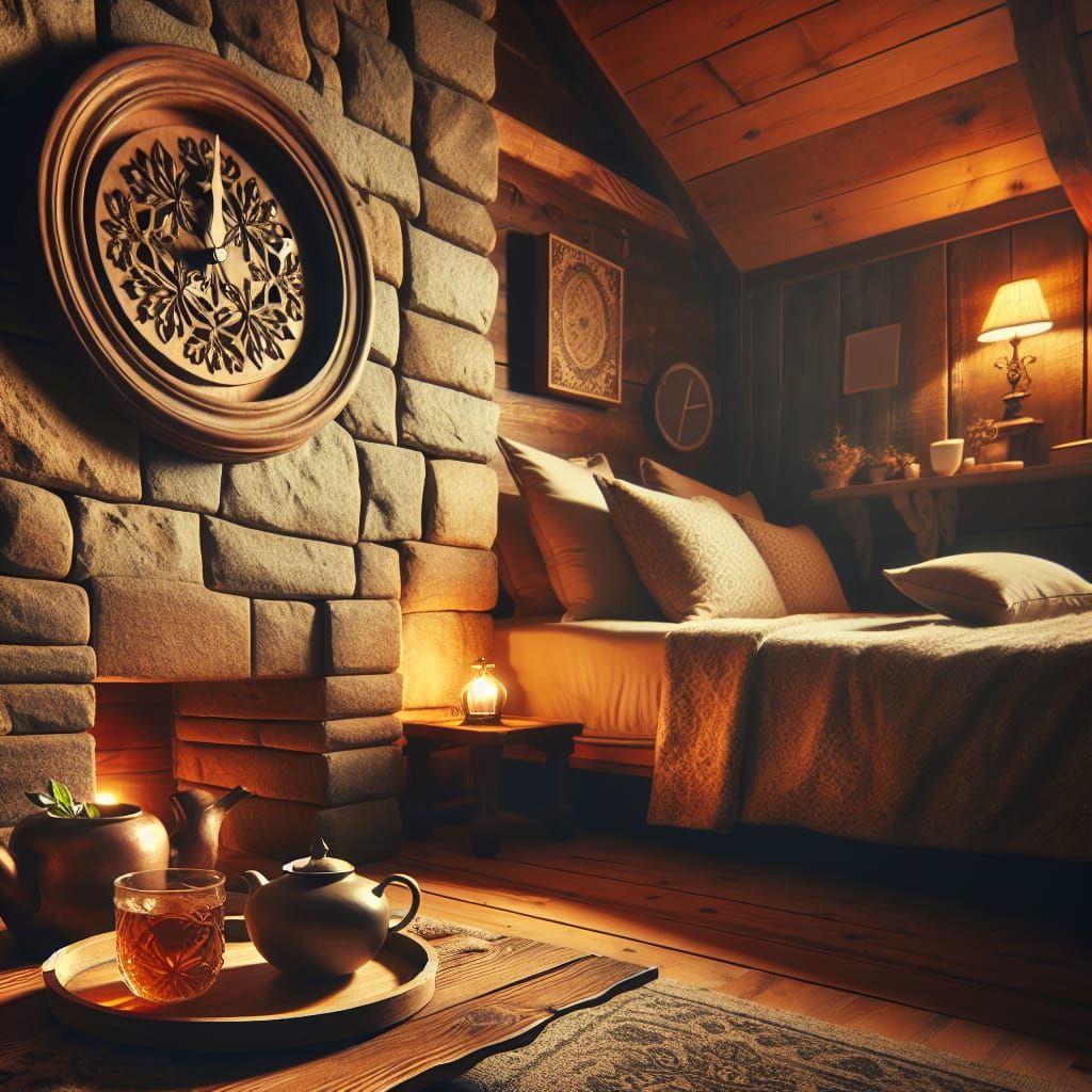 Cozy Room with Clock, Bed, and Herbal Tea