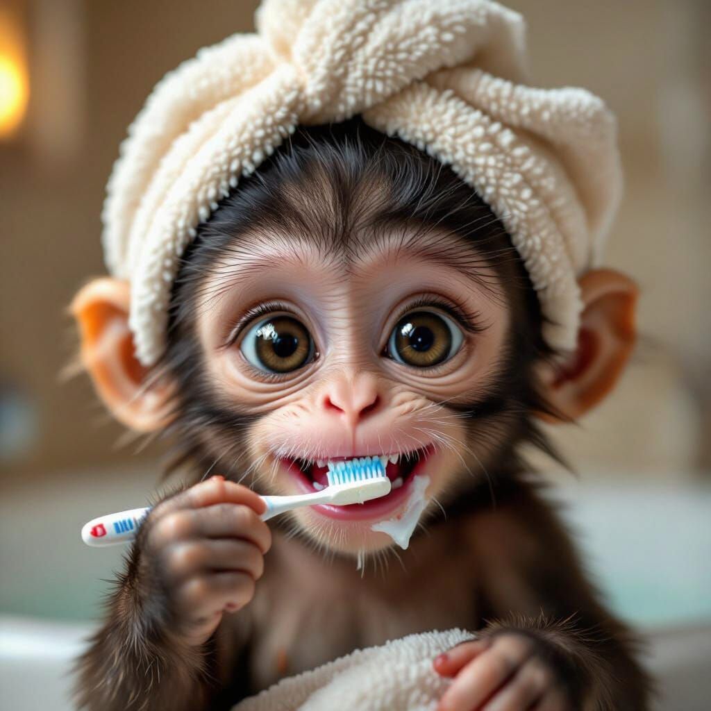 Cute Baby Monkey Brushing Teeth with Towel Turban