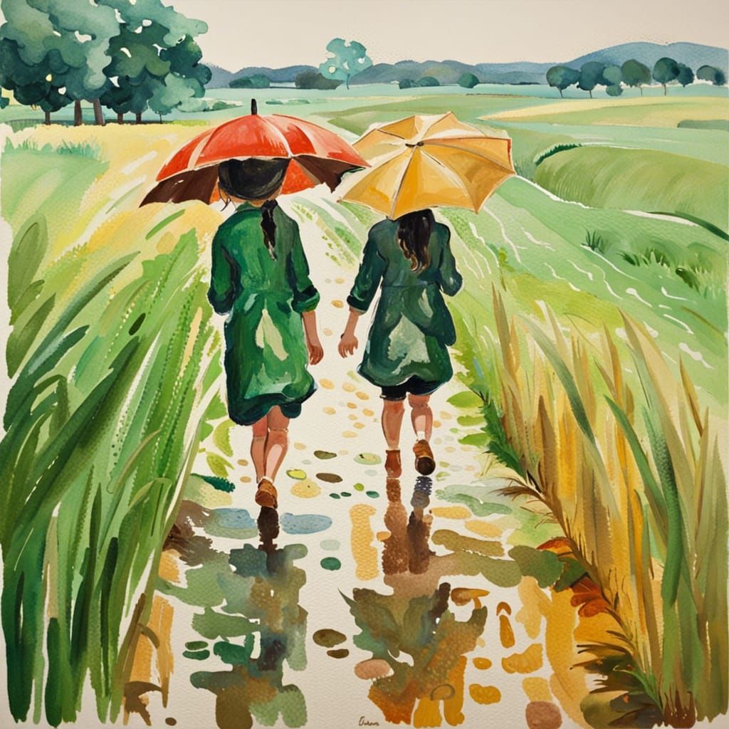 Girls in Rainy Field, Gouache Impressionist Painting