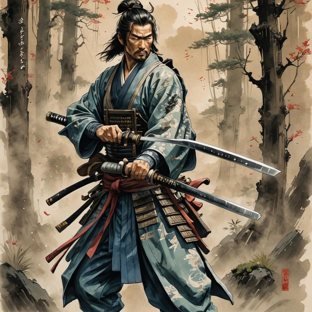 Retrofuturistic Samurai with Katana in Anime Style