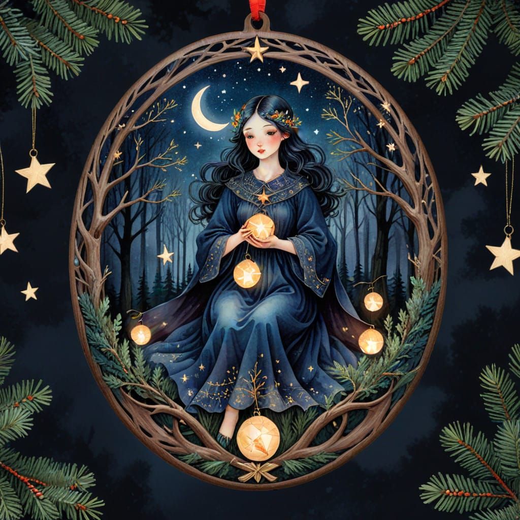 Whimsical Dark Forest Scene in Watercolor Style