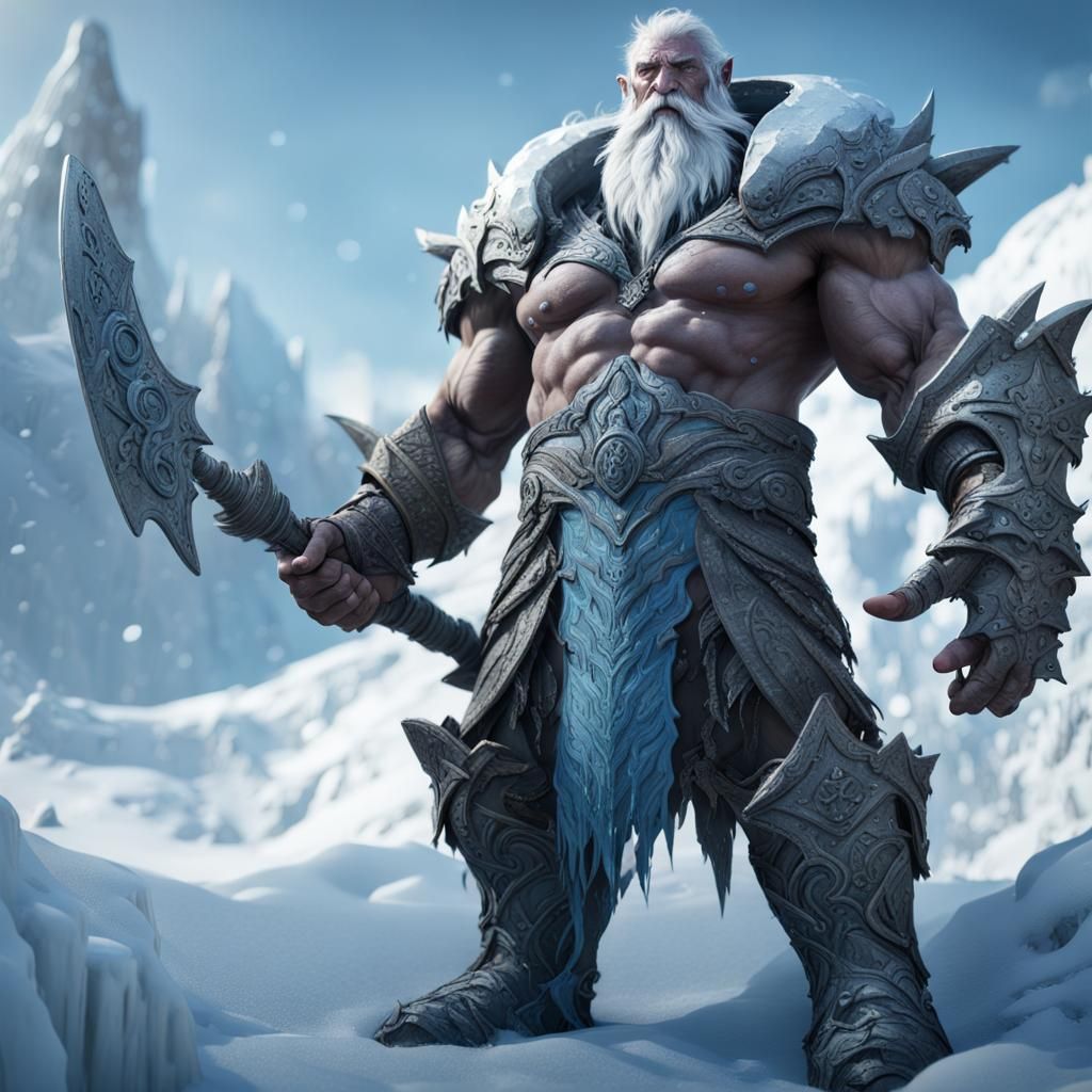 Fearsome Ice Giant with Sword on Snowy Mountain