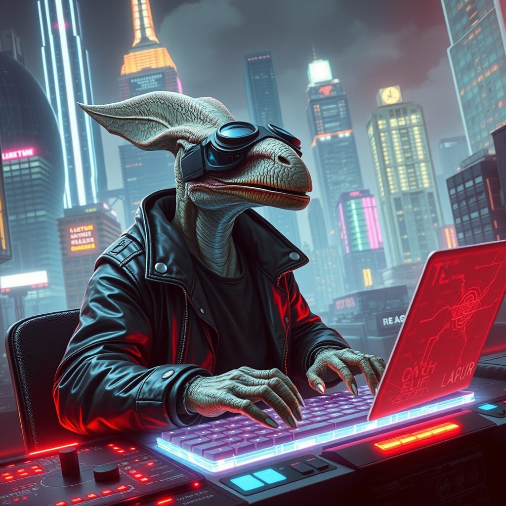 Pterodactyl Typing on Holographic Keyboard in Cyberpunk City
