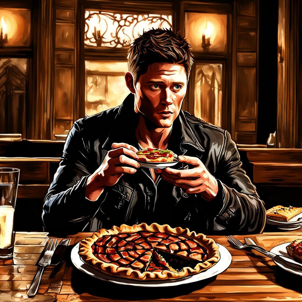 Dean Winchester eating a pie in a dinner.