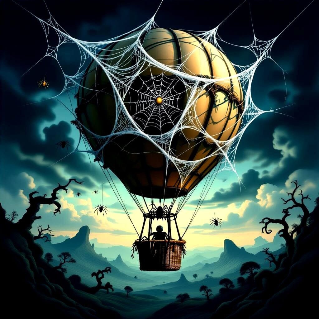 Surreal Spiderweb Balloon in Dark Landscape