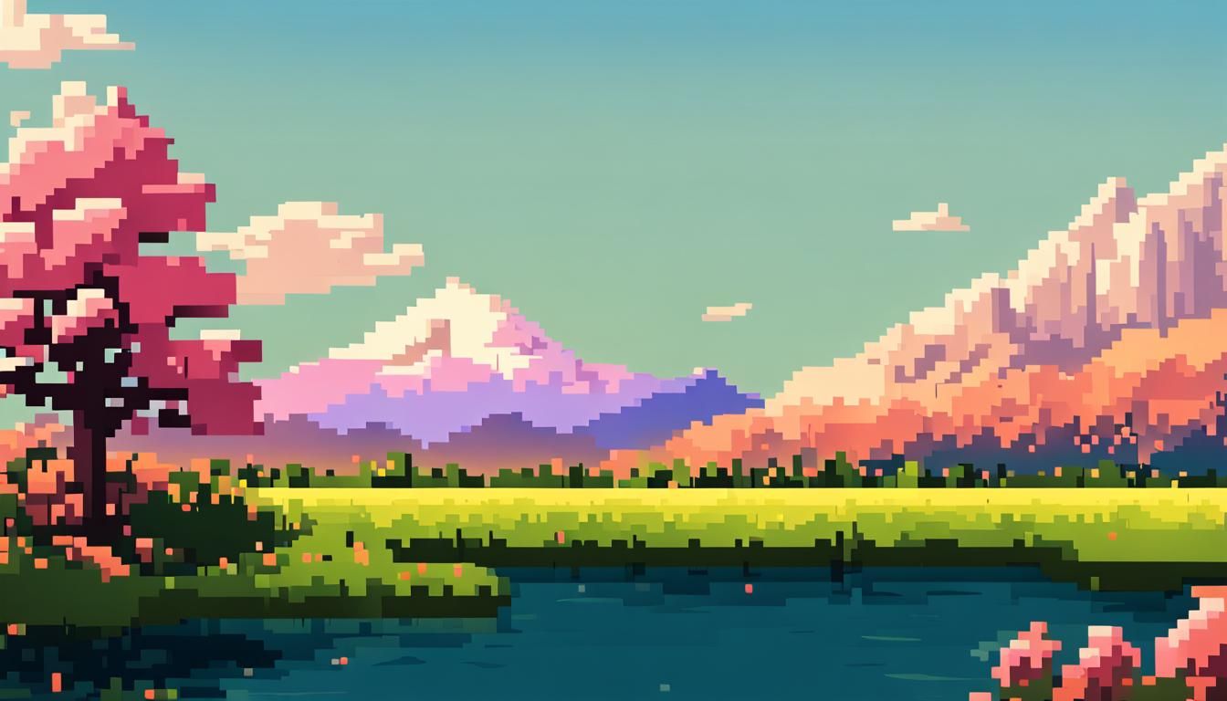 Charming 32-Bit Pixel Art Pink Tree Landscape