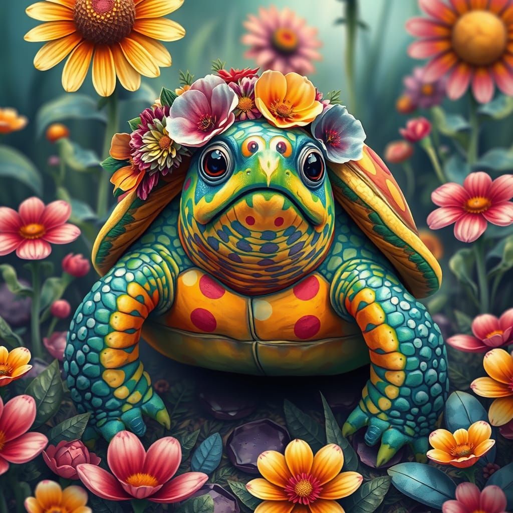 Rainbow Polka Dot Turtle in Whimsical Garden