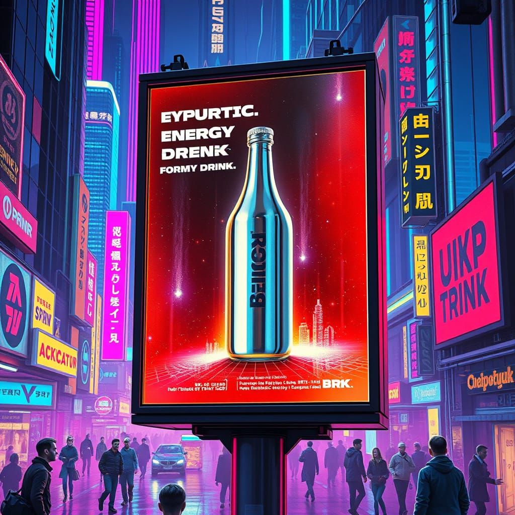 Cyberpunk Energy Drink: Vintage Ad in Neon Cityscape