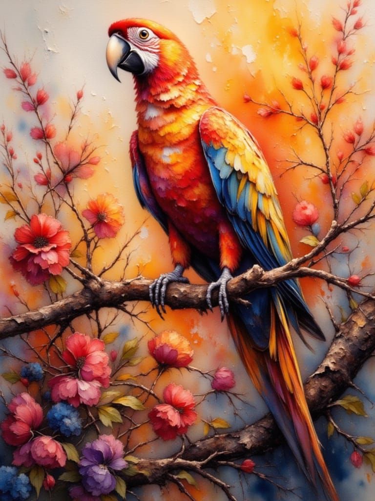 Vibrant Parrot in Abstract Mixed Media Style