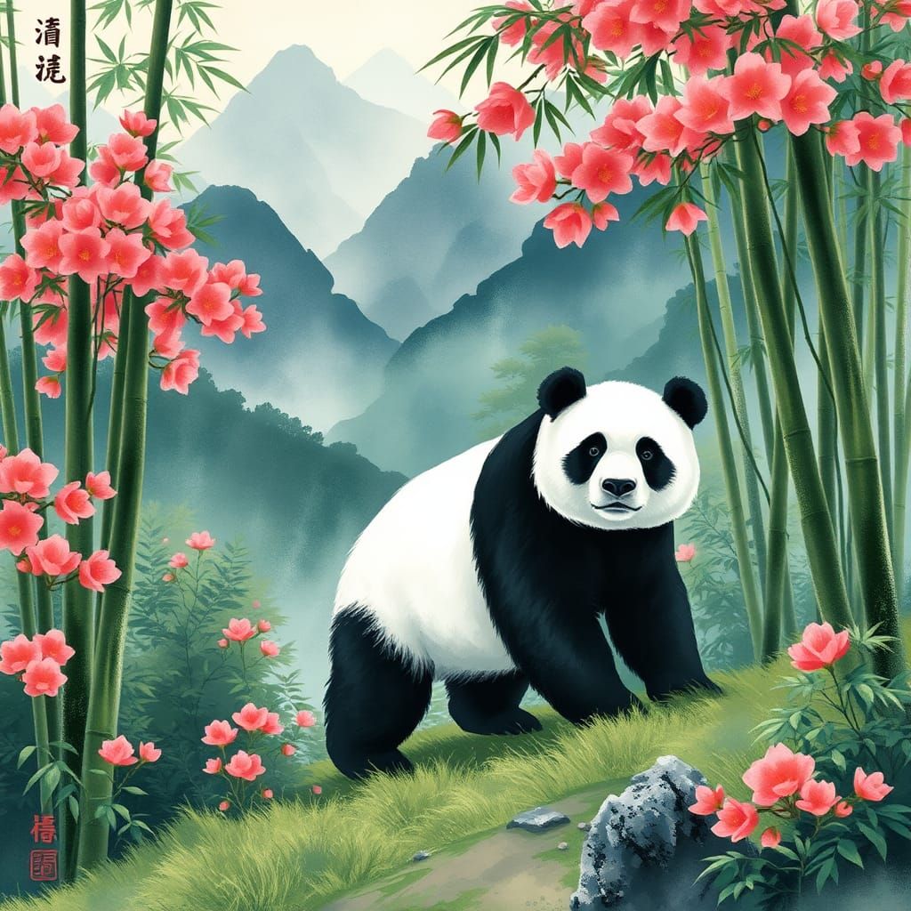 Giant Panda in Sichuan: Chinese Ink Painting Style