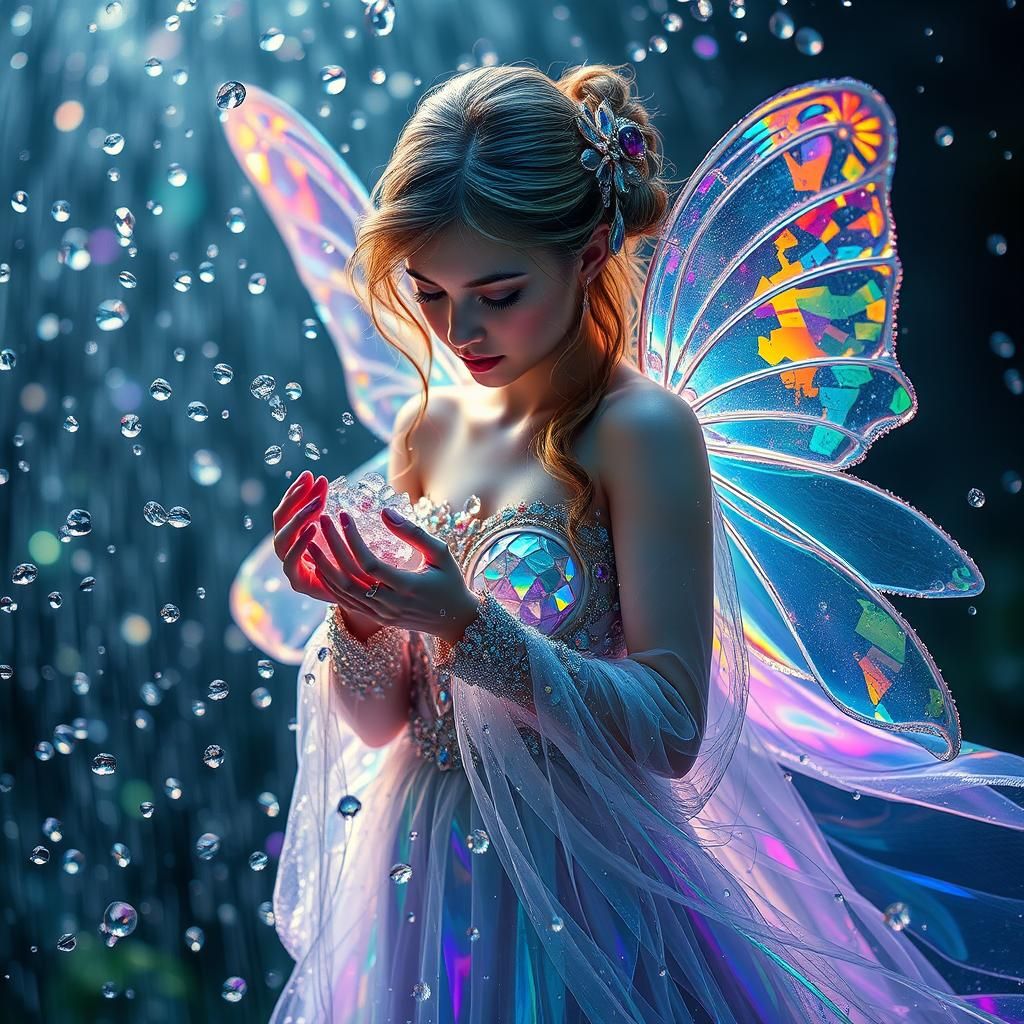 Iridescent Fairy in a Storm of Glass Droplets